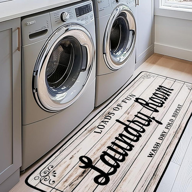 EYECY Laundry Room Rug Runner 24"X72" Non Slip TPRback Laundry Rugs for Laundry Room Decor Bordered Design Washable Runner Rugs for Kitchen Floor Bathroom Hallway Entryway Area Rugs-White
