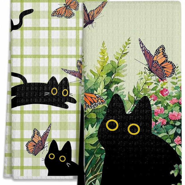 Ilexon Kitchen Towels Set of 2 - Cute Design 18×26 Inch Dish Towels Black Cats Quick Dry Hand Towels Soft & Absorbent, Home Decorative, Terry Cloth Tea Towels (Black Cat)