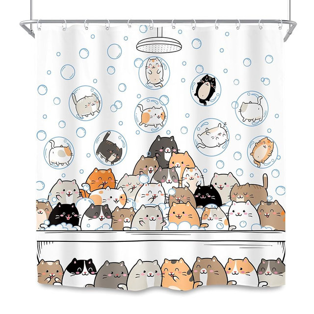 SVBright Cute Cats Shower Curtain 72Wx72L Inch Cartoon Hilarious Lovely Pets Animal Fun Raining Kids Children Boys Girls Toddler 12 Pack Hooks Polyester Waterproof Fabric Bathroom Bathtub Panels