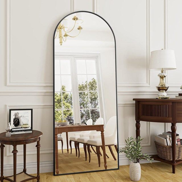 Rowjut Full Length Mirror Arched Floor Length Mirrors, 71"x26" Large Full Body & with Stand & Arch Wall Mounted & Standing Mirror for Bedroom Living Room, Aluminum Frame, Black