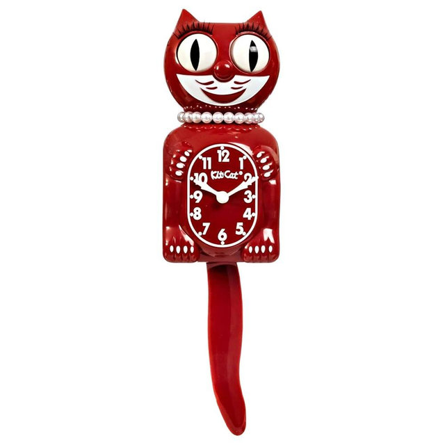 Kit-Cat Klock Limited Edition Space Cherry Red Lady with Pearl Necklace & Eyelashes - Cat Clock with Moving Eyes and Tail Wall Clock, Made in USA
