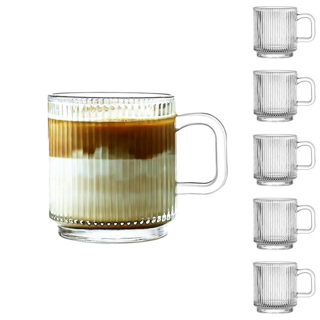 binsakao Glass Coffee Mugs 6 Pack - 12 OZ Premium Coffee Cups with Handles - Classic Vertical Stripes Transparent Tea Cup Set for Hot Cold Beverages