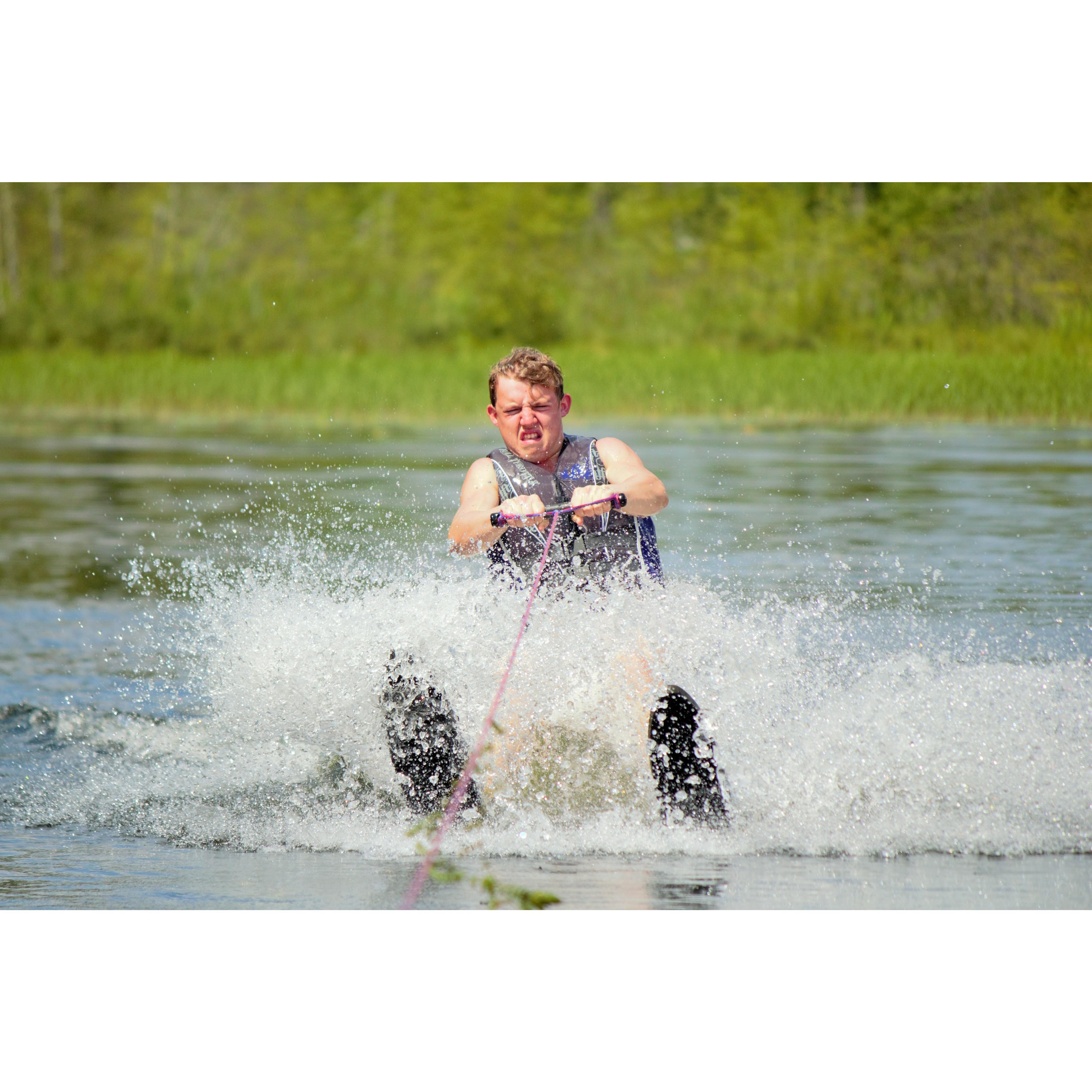 Tobey learned how to waterski at the cabin, but now he's more of a wakeboard guy