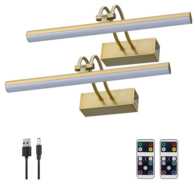 Picture Light,5000mAh Battery Operated Wall Sconce,2Pack Art Light,Brass | 16inch Photo Lights for Wall,Remote Timer and Dimmer Gallery Light,Metal Painting Light for Portrait Display Frame