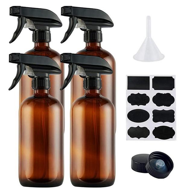 Empty Amber Glass Spray Bottles,Refillable 16 oz Container with Funnel and Labels for Essential Oils, Aromatherapy, Homemade Cleaning Products,Durable Trigger Sprayer w/Mist and Stream Settings-4 Pack