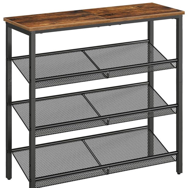 HOOBRO Shoe Rack for Entryway, 4-Tier Shoe Organizer with Adjustable Mesh Shelves, 12-15 Pairs of Shoes, Durable Spacious Freestanding, Metal, Industrial, Shoe Shelf for Closet, Rustic Brown BF42XJ01