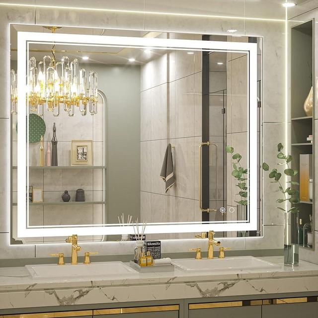 Keonjinn 40 x 32 Inch LED Bathroom Mirror, Bathroom Vanity Mirror with Front Lights, Wall Mounted Anti-Fog Dimmable Frameless Lighted Makeup Mirror, IP54, 6000K(Horizontal/Vertical)