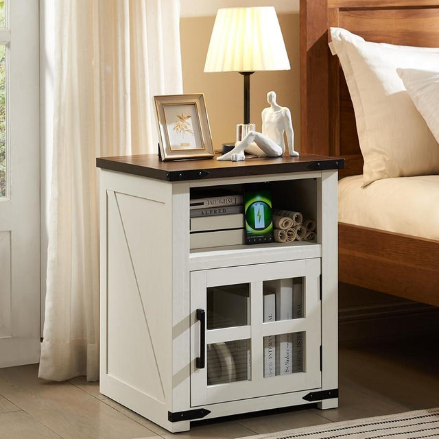 Barnyatoh Farmhouse Nightstand with Charging Station, Rustic End Table with Tempered Glass Barn Door, Wood Sofa Side Bedside Table with Open Storage Shelf for Living Room, Bedroom, White