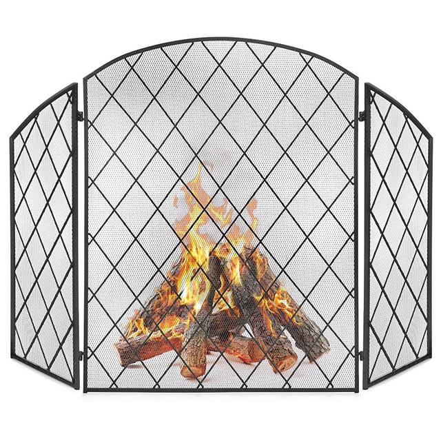 Best Choice Products 3-Panel 50x30in Wrought Iron Decorative Mesh Fireplace Screen Gate Protector, Fire Spark Guard for Indoor & Outdoor w/Folding Side Panels, Black