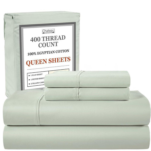 100% Egyptin Cotton Sheets Queen Size Bed Set, 400 Thread Count 15" Deep Pocket Queen Sheets, Sateen Weave 4 Piece Naturally Cool Soft Breathable Elasticated Luxury Bedding For All Seasons- Mineral