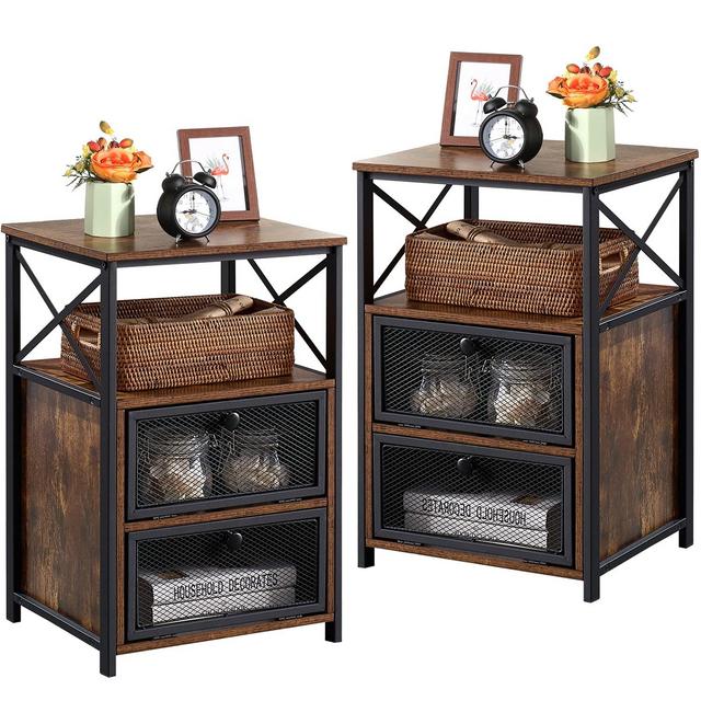 VECELO Modern Night Stand, End Side Table with Storage Space and Door, Nightstands with Flip Drawers for Living Room,Bedroom,Lounge,Set of 2, Rustic Brown