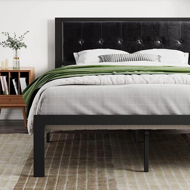 SHA CERLIN Faux Leather Platform Bed Frame with Metal Slats, Button Tufted Square Stitched Headboard, No Box Spring Needed, Easy Assembly, Queen