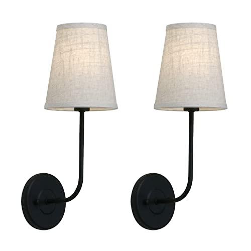 Pathson Vintage Wall Sconce, 1-Light Wall Light with Linen Fabric Lamp Shade, Industrial Wall Mounted Fixture for Bedroom Living Room, Dark Black Finish 2-Pack (Black)