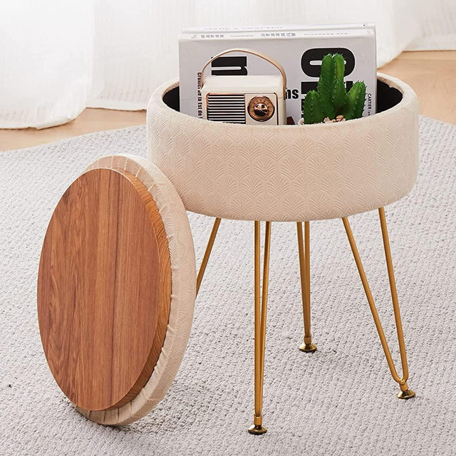 Cpintltr Modern Velvet Foot Rest Stool Upholstered Round Storage Ottomans Multipurpose Dressing Stools Luxury Home Decor Ottoman Coffee Table Top Cover Footstool with Metal Legs for Couch Beige