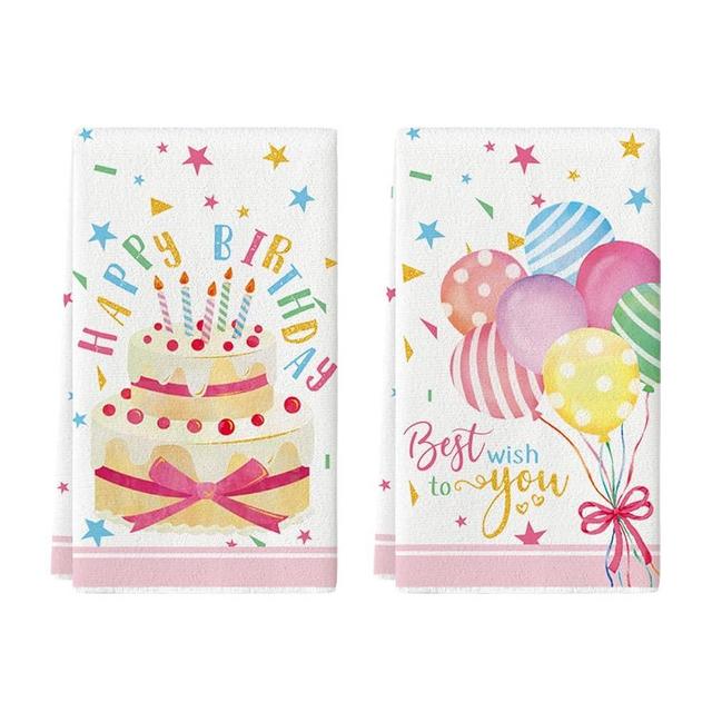 Artoid Mode Cake Balloons Happy Birthday Kitchen Towels Dish Towels, 18x26 Inch Seasonal Best Wish Decoration Hand Towels Set of 2
