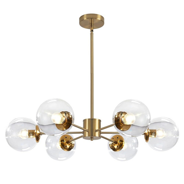 KCO Lighting Modern 6-Light Sputnik Chandelier with Clear Glass Globe Mid Century Adjustable Ceiling Pendant Light Gold Brass Flush Mounted Fixture