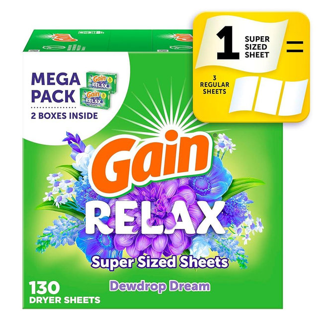Gain Super Sized Dryer Sheets, Laundry Fabric Softener, Relax, 130 Count