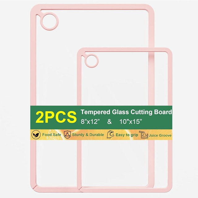 DomestiCore Tempered Glass Cutting Board for Kitchen with Juice Groove, Non-Slip Silicone Edges, Non-Toxic & Dishwasher Safe Glass Cutting Board with Hanging Hole (2 pcs Pink)