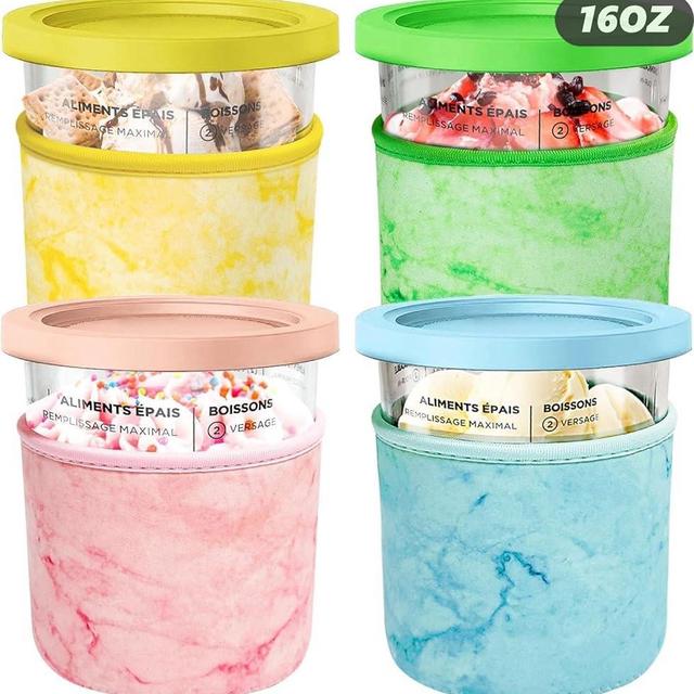 Ice Cream Neoprene Sleeve 16oz,Ninja Creami Accessories,Reusable Insulated Sleeves for NC301 NC300 NC299AMZ Series Ice Cream Maker Containers -Containers not Included (4 Pack Yellow Blue Pink Green)
