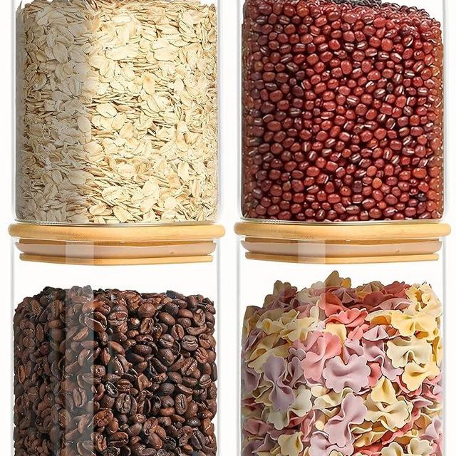 VIEWELLD 37 fl.oz Glass jar with bamboo lid [4-piece set], glass jar with airtight lid, glass food storage container, used for oats, coffee, flour, sugar, rice, Best for Kitchen & Pantry, Square