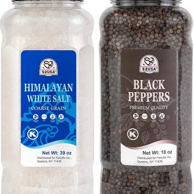 52USA Himalayan White Salt (Coarse Grain) 39 oz + Whole Black Peppercorns 18 oz, Salt and Pepper Grinder, Black Peppercorn Refil, Sea Salt for Grinder Refill