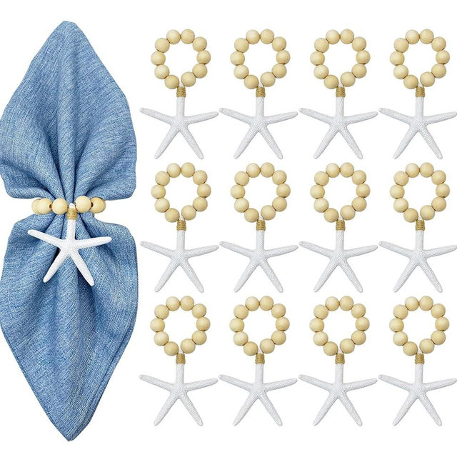 WINGFISH Wood Bead Starfish Napkin Rings Set of 12 White Sea Star Napkin Rings Bulk for Coastal Beach Dinning Table Decoration, Wooden Napkin Ring Holders for Party Gathering Banquet Wedding Birthday