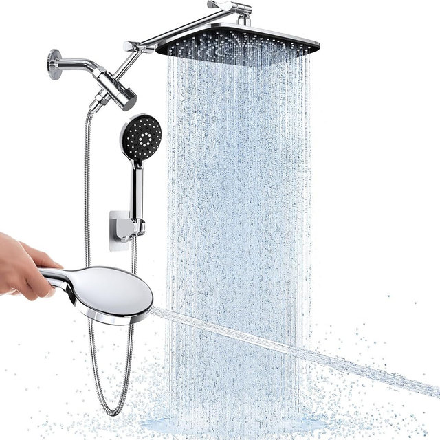Veken 11.8" Rain Shower Head with Handheld, High Pressure Handheld Shower with Multi Spray Modes, Rainfall Combo with 15" Metal Extension Arm, Detachable Dual Shower and Power Jet, Chrome Silver