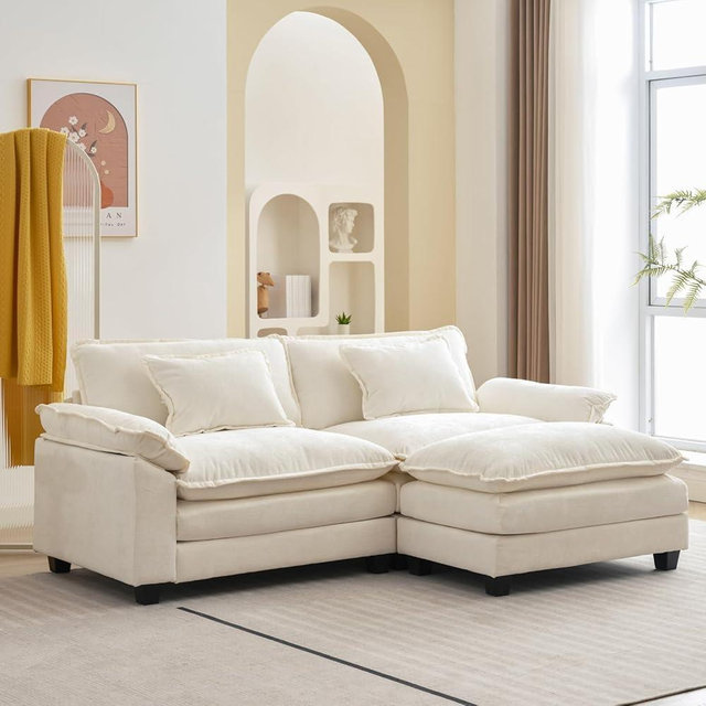 Oprisen Modular Sectional Sofa, Comfy Cloud Couch Sectional Sofa with Ottoman, Chenille Sofa Sleeper Deep Seat Sofa with Throw Pillows for Living Room (Beige White, 86"- L Shape)