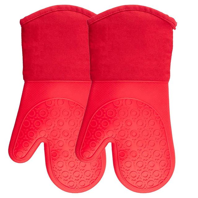 Silicone Oven Mitts with Quilted Cotton Lining - Professional Heat Resistant Potholder Kitchen Gloves - 1 Pair (Red) - Homwe