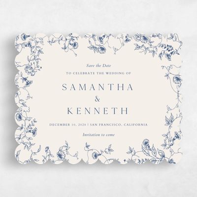 Blue Scalloped Wedding Save the Date - Plumeria Landscape
