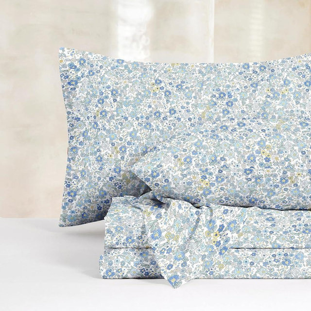 Wake In Cloud - Shabby Chic Bed Sheets, 4-Piece Sheet Set, Floral Flower Pattern Printed Country Coquette Cottage Aesthetic Bedding, Deep Pocket, Light Blue, Queen Size