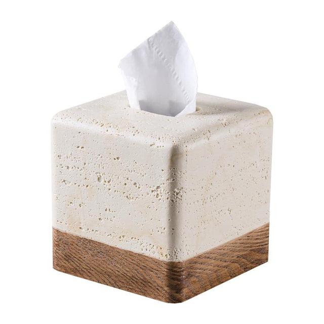 Natural Travertine Match Wooden Square Tissue Box Cover Decorative,Resin Heavy Sturdy Tissue Box Holder, Facial Paper Holder for Bathroom Vanity Countertop, Bedroom Night Stand,Office and End Table