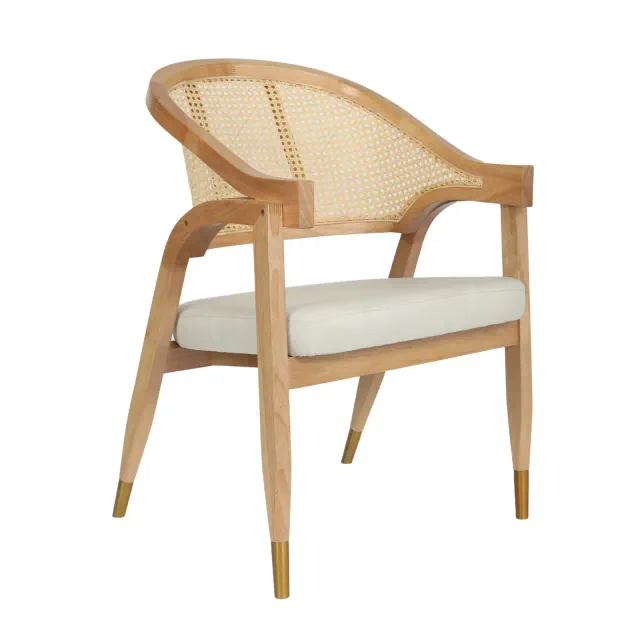 Emma and Oliver Cane Rattan Dining or Accent Chair with Natural Solid Wood Frame, Woven Backrest and Beige Cushioned Seat
