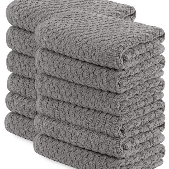 [12 Pack] Kitchen Dish Hand Towels, 100% Cotton Dobby Weave, 410GSM Absorbent Terry Cleaning Cloth, 15x26, Grey