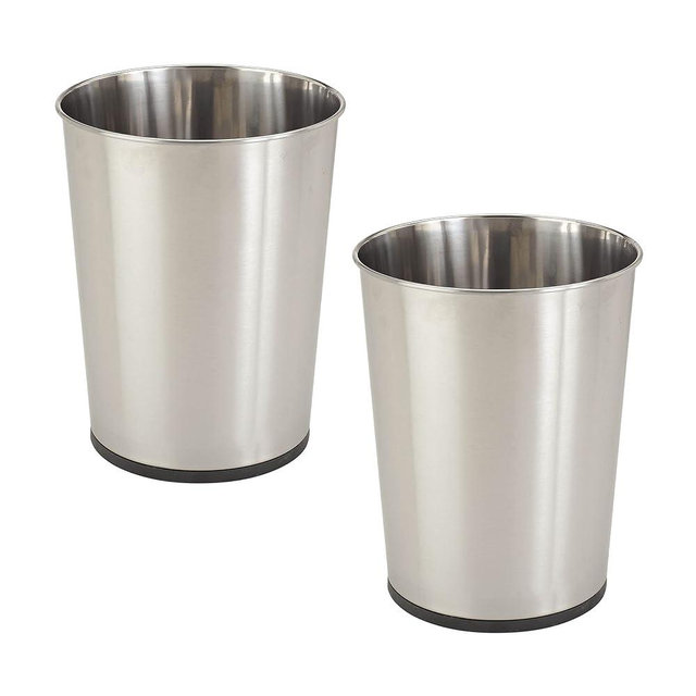 Bath Bliss 5 Liter Small Wastebasket | 2 Pack | Round Open Top | Trash Can | Bathroom | Bedroom | Kitchen | Office | Dorm | Disposal Waste Bin | Garbage | Stainless Steel
