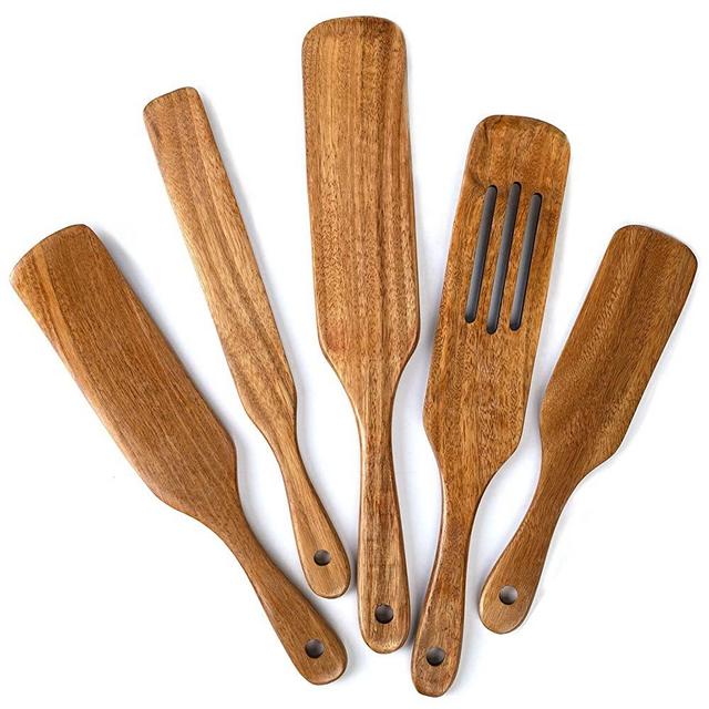 Wooden Spurtles Set, 5 Piece Spurtle Kitchen Utensils, Acacia Wood Spurtles Kitchen Tools Set,Wooden Spoons for Cooking Slotted Spurtle,Wooden Utensils for Non Stick Cookware (5)