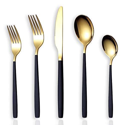 HOMQUEN 20-Piece Silverware Flatware Cutlery Set,Stainless Steel Utensils Service Set for 4,Mirror Finish,Dishwasher Safe (Shining Golden Spoon and Matt Black Handle)