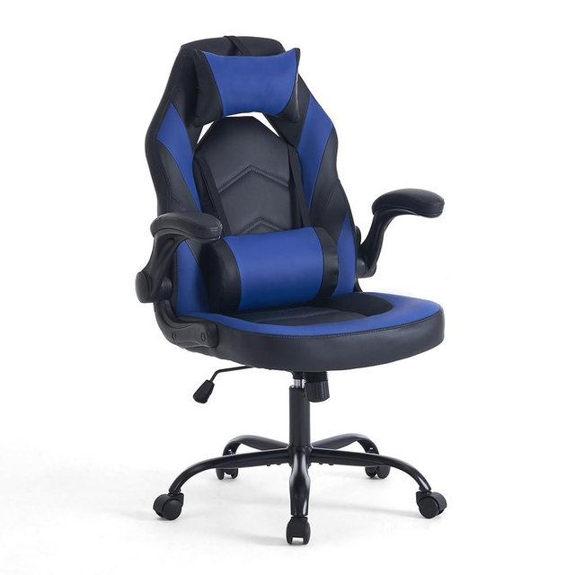 Sweetcrispy Ergonomic Gaming Desk Chair - Computer Video with Comfy Lumbar Support and headrest, PU Leather with Flip-up Arms, Adjustable Height and Swivel Wheels, Home and Office, Blue