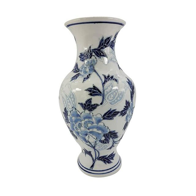 Galt International Blue and White Floral Chinoiserie Ceramic Vase 14" - Porcelain Flower Fishtail Vase