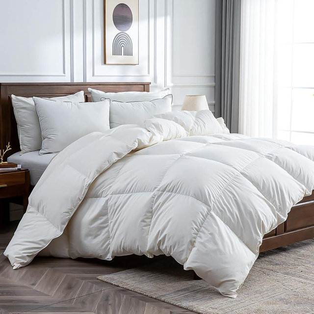BPC Feather Down Fibers Comforter California King, Hotel-Style Duvet Insert for All Seasons, Soft Fluffy Ethical-sourced Feather & Down Fibers Filled Medium Warm Duvet (White, 104x96 Inch)
