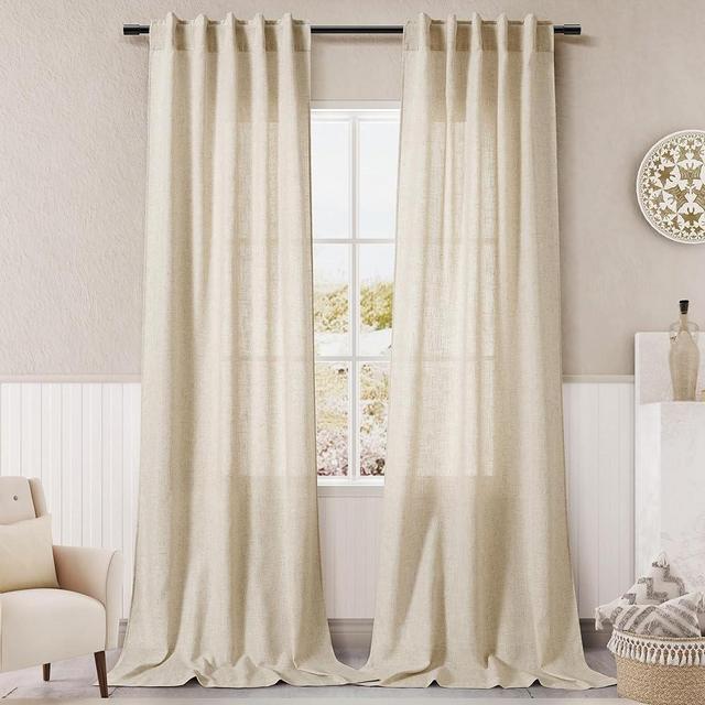 Tan Beige Linen Curtains 90 inch Length for Living Room 2 Panel Set Burlap Textured Semi Sheer Linen Drapes Rustic Country Window Treatment Farmhouse Drop Cloth Curtain 90 inches Long for Dinning Room