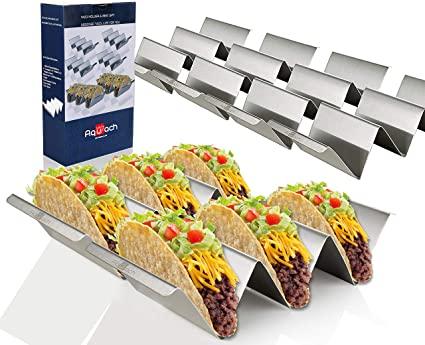 Taco Holder Stands Stainless Steel Set of 6 with Easy-Access Handle, Oven, Grill, and Dishwasher Safe, Smooth Edge, Size: 4" x 8"
