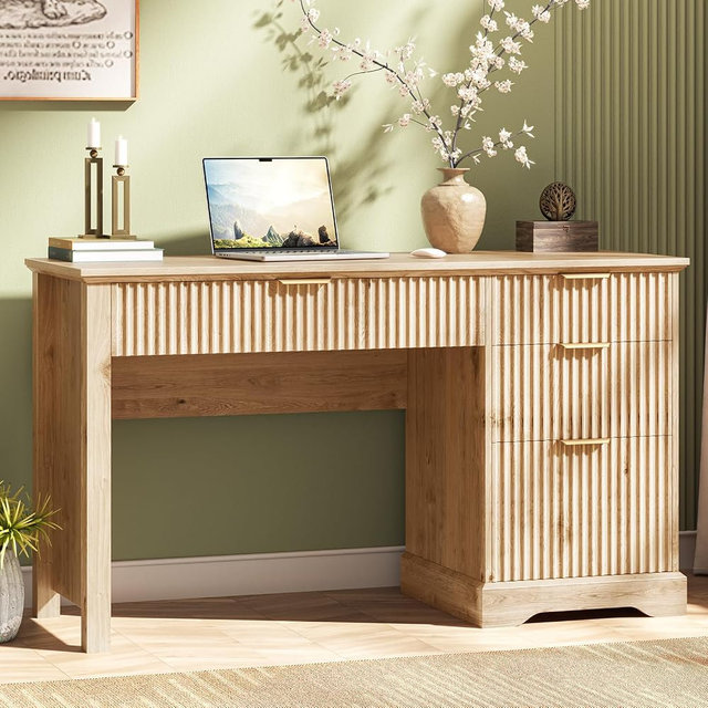 Vabches Fluted Executive Desk with Drawers, Wood Computer Desk with Ample File Drawer, Home Office Desk with Storage for Study, Bedroom, Living Room, Oak