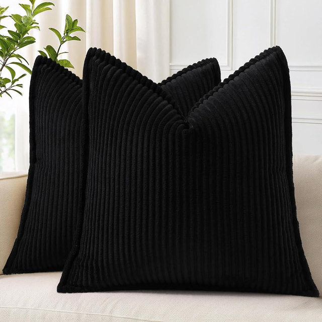 decorUhome Corduroy Black Throw Pillow Covers 26x26 Set of 2 Decorative Soft Boho Striped Neutral Euro Farmhouse Couch Pillow Covers with Broadside for Living Room Bed Sofa