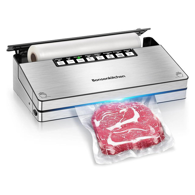 Bonsenkitchen Stainless Steel Vacuum Sealer Machine, 8-in-1 Vacuum Food Sealer with 6 Food Vacuum Modes, Built-in Cutter and Bag Storage