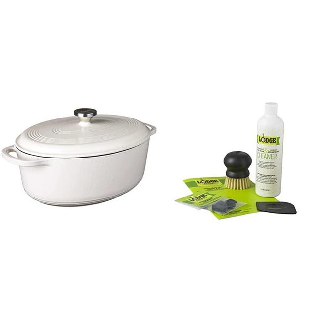 Lodge EC7OD13 Enameled Cast Iron Oval Dutch Oven, 7-Quart, Oyster White & Enameled Cast Iron and Stoneware Care Kit, 12 oz