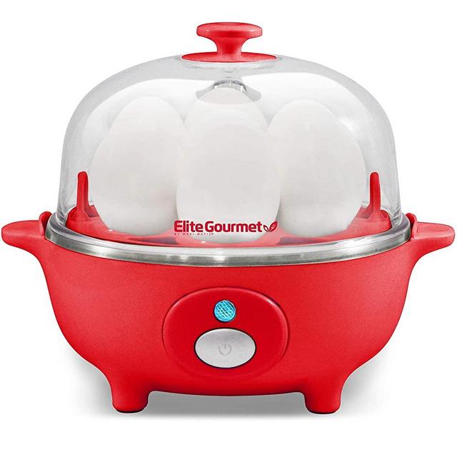 Elite Cuisine EGC-007R Easy Electric Egg Poacher, Omelet & Soft, Medium, Hard-Boiled Egg Cooker with Auto-Shut off, 7 Egg Capacity, Red