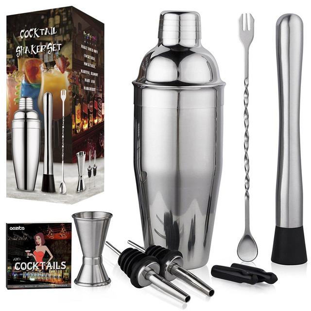 Aozita Stainless Steel Cocktail Shaker Home Bar Set Includes 24 OZ Martini Shaker/Mixing Spoon/Muddler/Jigger/Liquor Pourers and Recipes - Professional Bartender Kit
