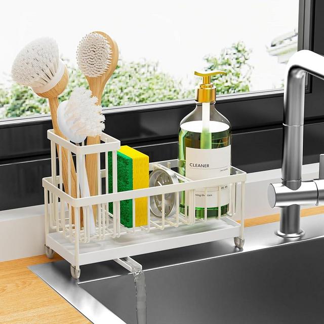 Cisily Off White Sponge Holder for Kitchen Sink, Sink Caddy Organizer with High Brush Holder, Countertop Rustproof 304 Stainless Steel, Soap Dispenser Organizers and Storage Essentials