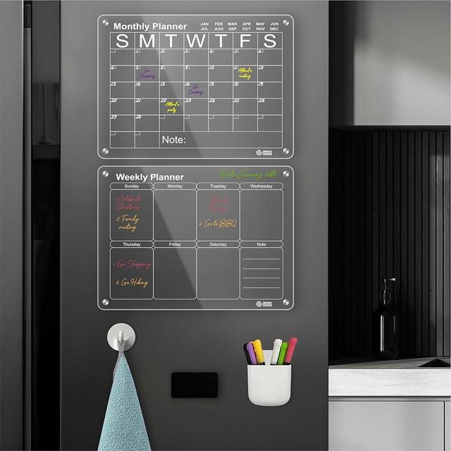 Orderly Oasis 16"x12" Acrylic Magnetic Monthly and Weekly Calendar Set for Refrigerator. Includes 7 Premium Dry Erase Markers with 7 Colors, Magnetic Marker Holder, Magnetic Eraser, Wiping Cloth with Magnetic Hook